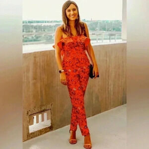 Gianni Bini Red Floral Strapless Jumpsuit